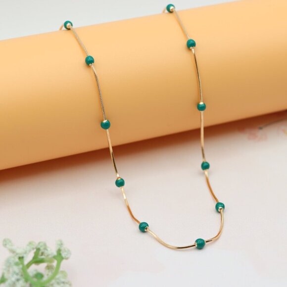"Rose Gold Necklace with Green Beads Subtle Pop of Color, XPNL0139 - Picture 4 of 12